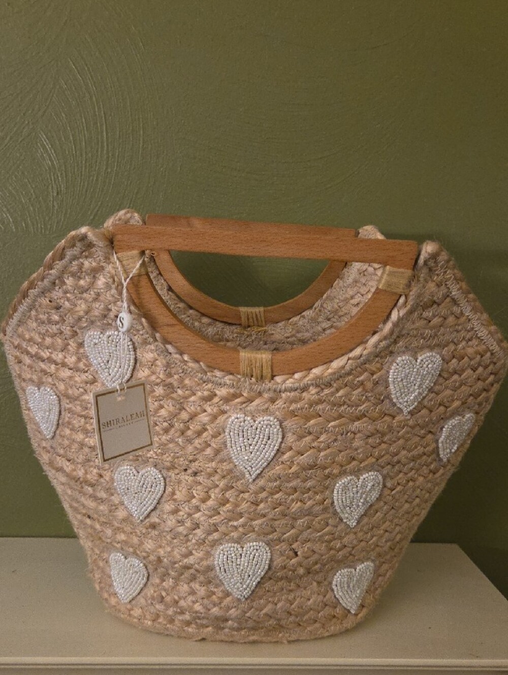 Shiraleah Natural Straw Tote with White Beaded Hearts